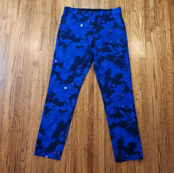Polo Golf Mens Camo Pants Size 36 × 34 Blue Stars Strech Slim Fit Patriotic